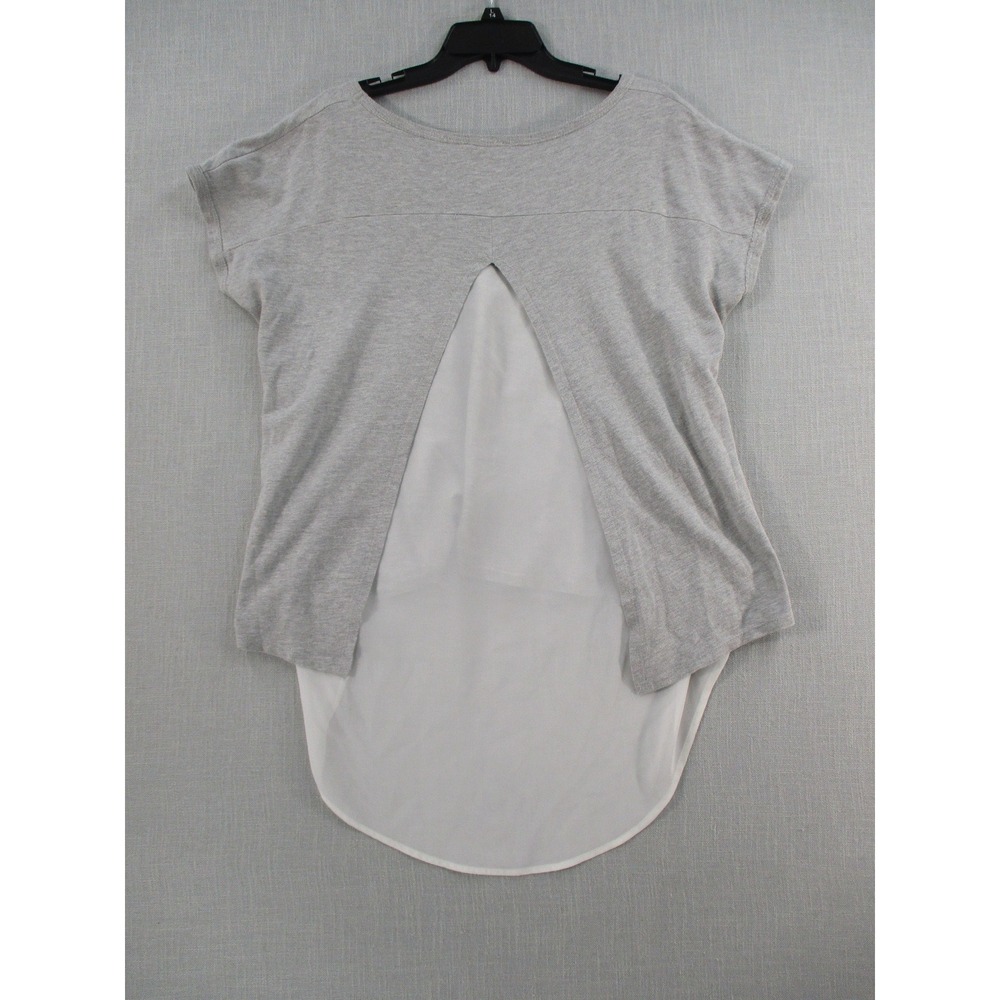 Elodie Womens Gray Split Back Mixed Media Chiffon Hem Short Sleeve Top Large - Picture 7 of 9